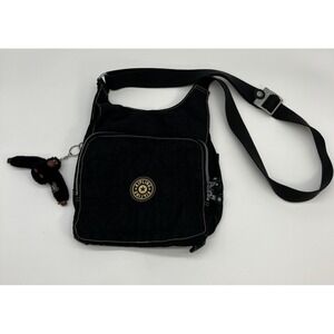 Vtg. Black Kipling Private Transport Multipocket Crossbody Bag Monkey Charm Med